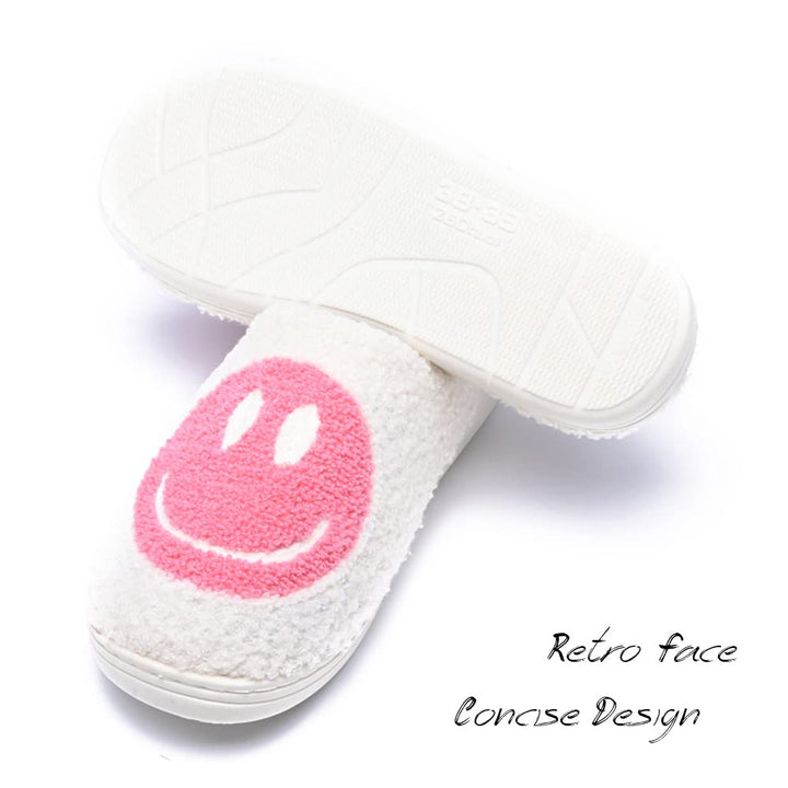 Women&#39;s Men&#39;s Retro Preppy Happy Face Slippers Comfy Warm Plush Slip-On House Slipper for Winter Indoor Soft Cushion Non-slip Fluffy Slides Slippers White-Pink 5.5-6.5 Women/5-6 Men