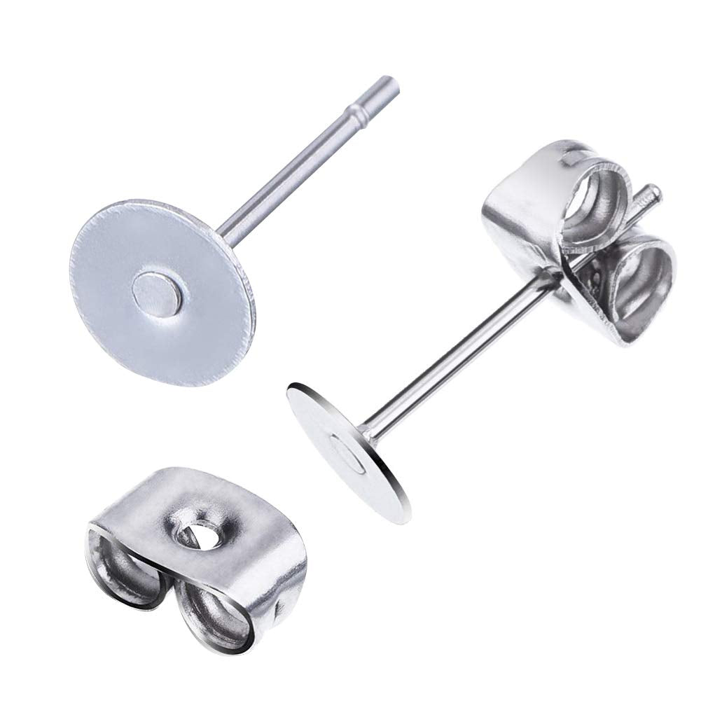 1200PCS 5MM 8MM Hypoallergenic Stainless Steel Earrings Posts Flat Pad Blank Earring Pin Studs with Butterfly Earring Backs and Silicone Bullet Earring Backs for Jewelry Making Findings