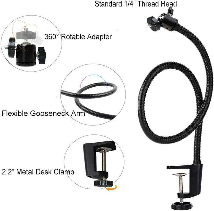 28inch Desk Gooseneck Webcam Stand with Universal Phone Clip Holder Compatible with Logitech Brio 4K C922X C922 C920 C615 C930 C930e DSLR Cameras Andorid Smart Phones