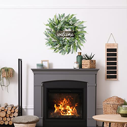 Green Eucalyptus Wreath with Welcome Sign 18in Artificial Eucalyptus Wreath Mixed White Berries Spring Summer Wreath for Front Door Wall Window Farmhouse Festival Porch Patio Garden Decor