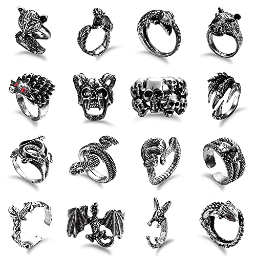 16Pcs Gothic Open Rings Set For Men Women Punk Adjustable Snake Dragon Claw Animal Rings Vintage Goth Skull Rings Indie Aesthetic
