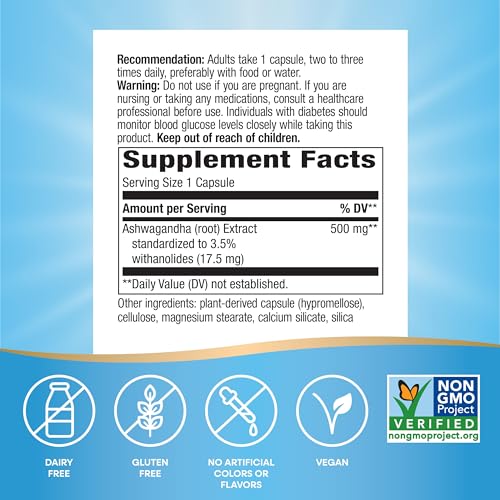Nature&#39;s Way Ashwagandha, Reduces Stress*, Premium Extract, Adaptogenic*, Non-GMO Project Verified, Vegan, 60 Capsules (Packaging May Vary)