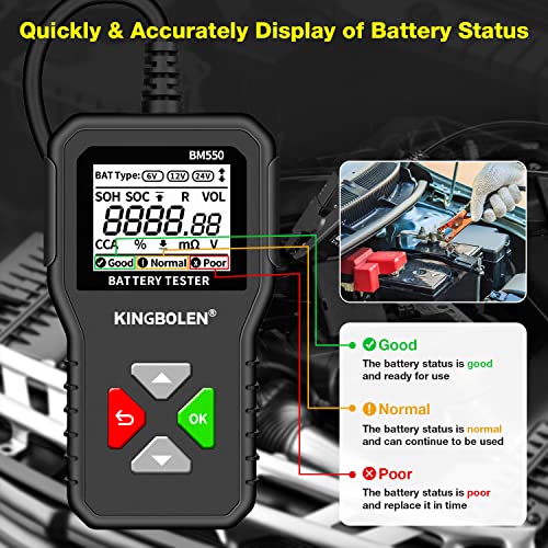 BM550 6V 12V 24V Car Battery Tester, 100-2000 CCA Voltage Tester 2Ah-220Ah Internal Resistance Tester Accurate Digital Auto Battery Analyzer for Cars Trucks SUV ATV Boats Motorcycles Vehicle