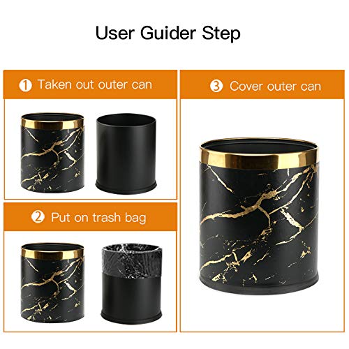 2.6Gallon Small Office Trash Can,Bathroom Garbage can,Bedroom Waste Basket Bin Garbage Bag invisable Trash Bin for Living Room (black gold marble)