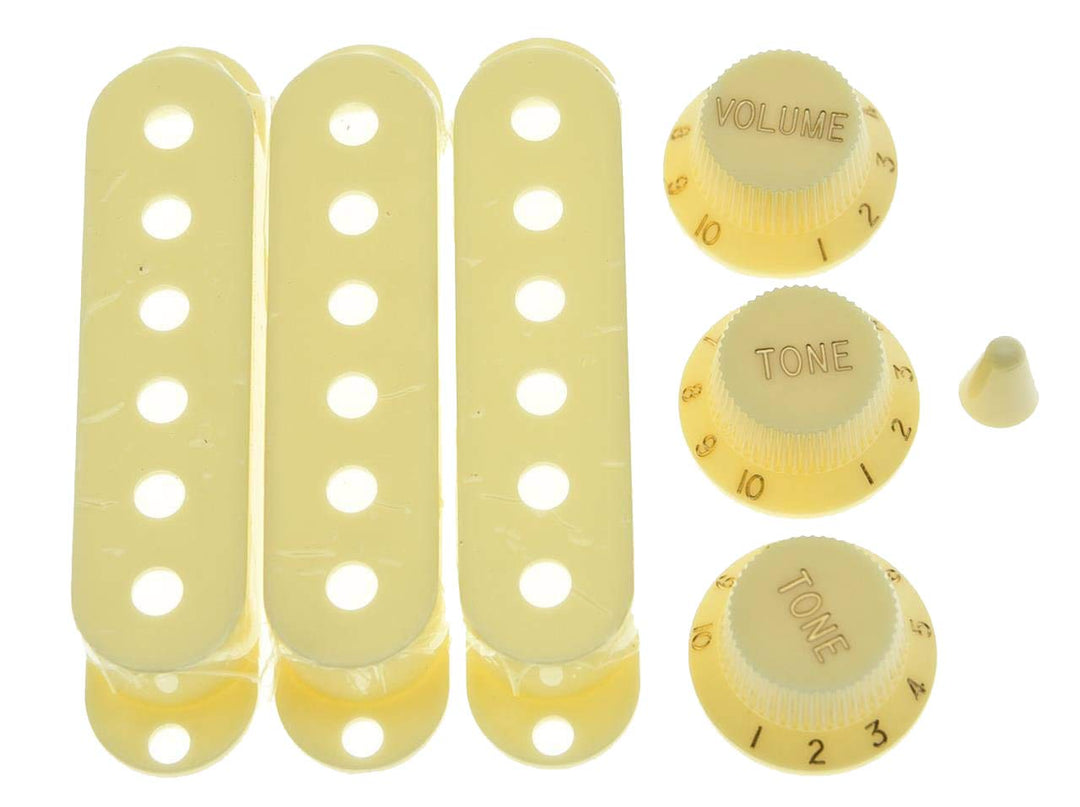 Aged White ST Strat Pickup Covers Knobs and 5 Way Switch Tip