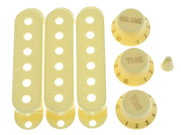 Aged White ST Strat Pickup Covers Knobs and 5 Way Switch Tip