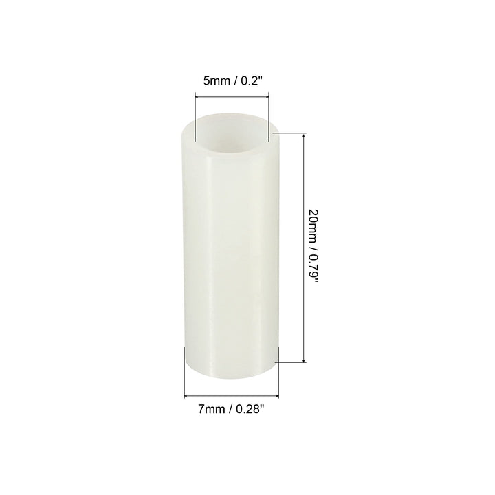 Round Spacer Washer, 100 Pack Nylon 5mm ID x 7mm OD x 20mm L for M5 Screws Block 3D Printer TV Wall Mounting Electrical Outlet, White