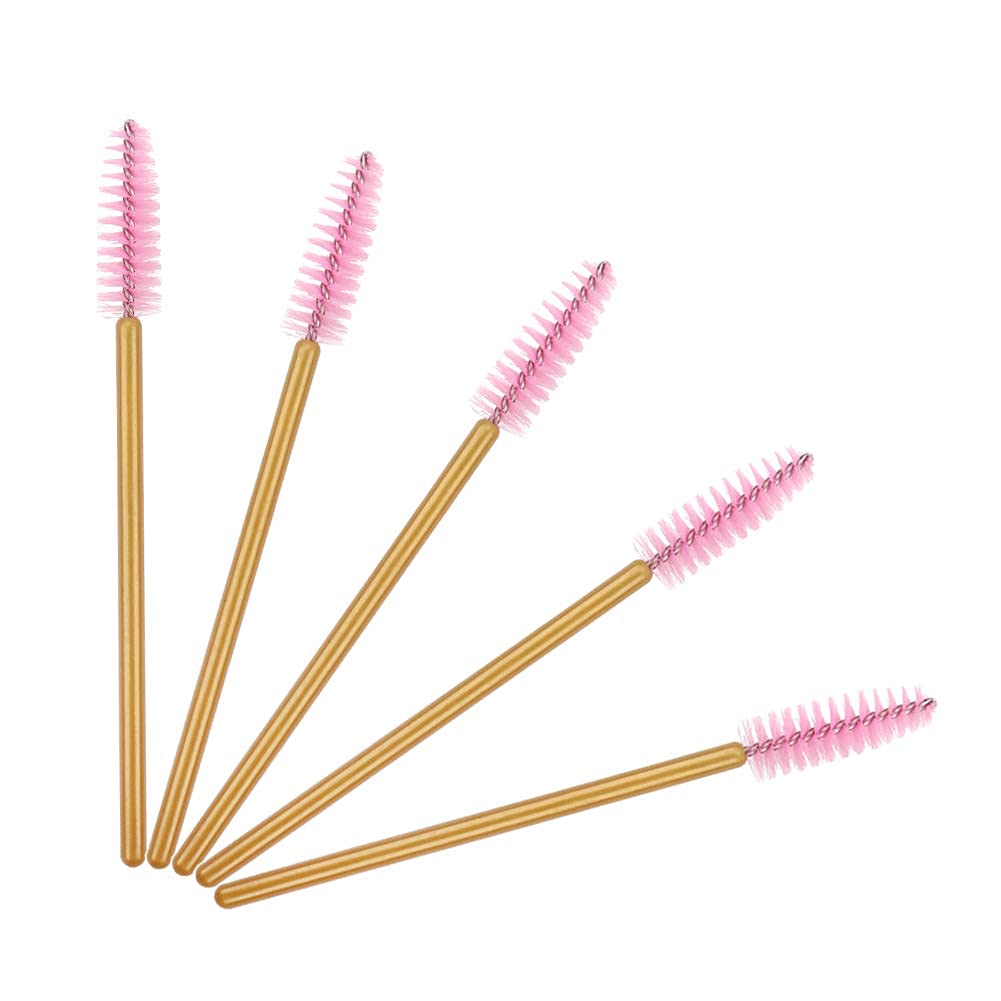 Gold/Pink-300Pcs: 300 Pack Mascara Wands Disposable Eye Lash Brushes Applicator For Eyelash Extensions Makeup Tool Bulk, Gold/Pink