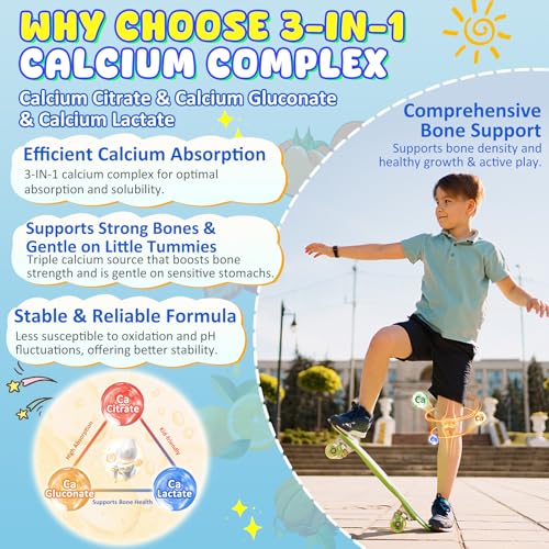 Kids Calcium Gummies + D3 &amp; Magnesium for 4+, with Calcium Citrate Calcium Gluconate, Calcium Lactate, Probiotics &amp; Prebiotics for Children Bone Health,Muscle Support,Digestive Health,Sugar Free 60Cts