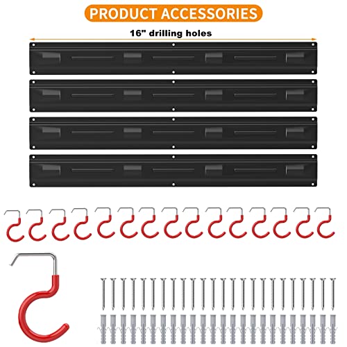 All Metal 64 Inch Wall Mount Garden Tool Organizer for Garage, Mop and Broom Holder, Yard Tool Storage Rack for Rake, Shovel, Spade, Mop, Broom(4 Rails, 16 Hooks)