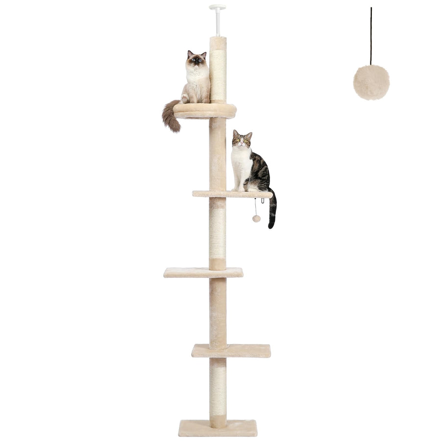Floor to Ceiling Cat Tree, Cat Tower 5-Tier Height(95-107 Inches) Adjustable, Tall Cat Climbing Tree Featuring with Scratching Post, Cozy Bed,Interactive Ball Toy for Indoor Cats/Kitten Beige