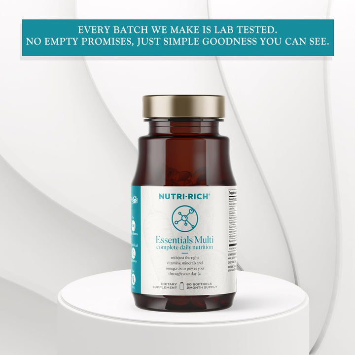 Essentials Multi | Multivitamin for Adults Softgel with Iron Nutritional Support with Lutein, Energy, K2 for Bone Health, Vitamin D3, Minerals, and Sustainable Omega-3 EPA + DHA (60 Count)