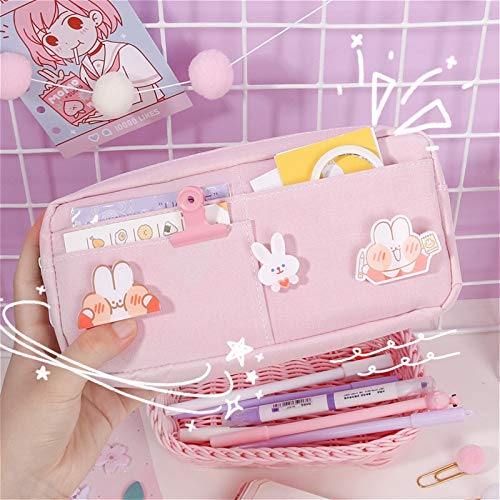 Kawaii Large Pencil Case Stationery Storage Bags Canvas Pencil Bag Cute Makeup Bag School Supplies for Girl Kids Gift w/Badge(A-Green)…