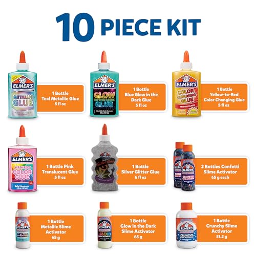 Elmer&#39;s Celebration Slime Kit, Complete Slime Supplies with Assorted Magical Liquid Slime Activators and Assorted Liquid Glues, 10 Count, Perfect for Parties and Activity Time