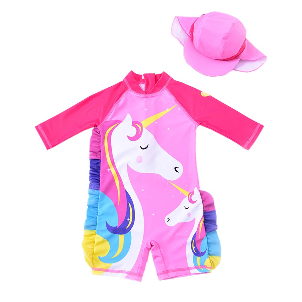 Baby Girl One Piece Swimsuit Sunsuit Long Sleeve Swimwear Rash Guard Toddler Kid Unicorn Bathing Suit Zip with Hat (4 Years/100) Pink