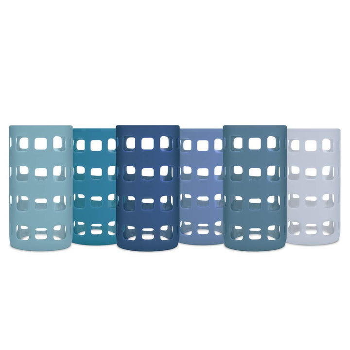 Silicone Glass Water Bottle Sleeves - 6-Pack of Protective Holders 16-18 oz Capacity - Anti-Slip Protection for Beverage Containers - Insulating Carriers for Smoothies and Juices (Ocean Blues)
