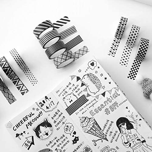 Black Washi Tape for Gift Wrapping and House Decoration (10 Set, Black and White)