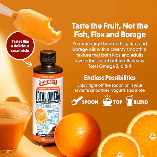 Barlean&#39;s Total Omega 3 Fish Oil Liquid Supplement, Orange Crème Flavored with Borage and Flaxseed Oils, 2,400 mg of Omegas 3 6 9 EPA and DHA Plus GLA, 16 oz