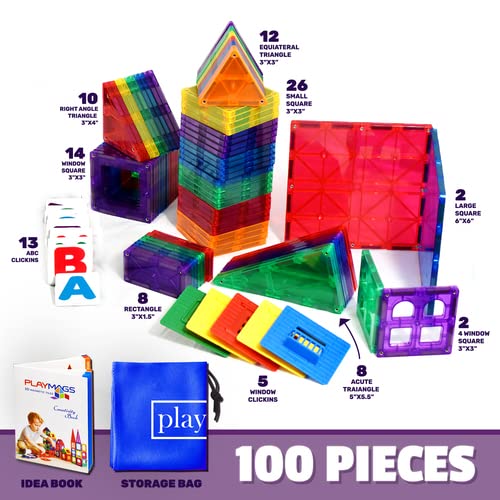 Playmags 100-Piece Magnetic Tiles Building Blocks Set, 
