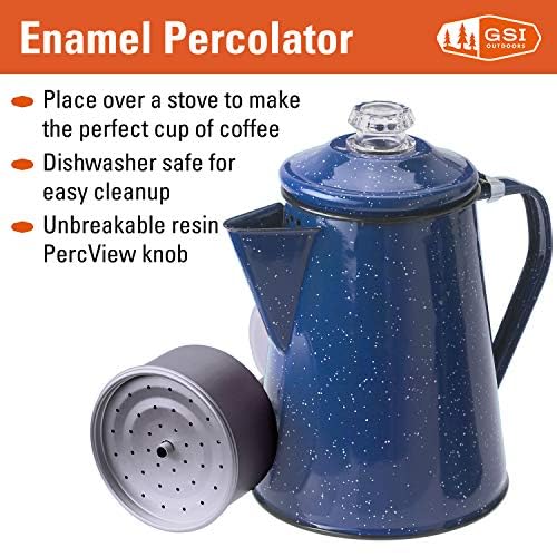 Percolator Coffee Pot | Enamelware Campfire Coffee Boiler Kettle for Outdoor Camping Cookware, Cabin, RV, Kitchen, Hunting &amp; Backpacking