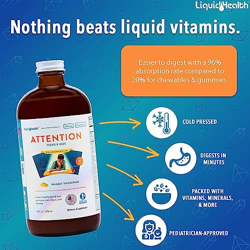 Attention Liquid Multivitamin for Kids & Teens - Improves Memory Retention, Concentration, Focus, Mood, Relaxation & Calming - Great Taste, Vegan, Sugar-Free (16 oz)