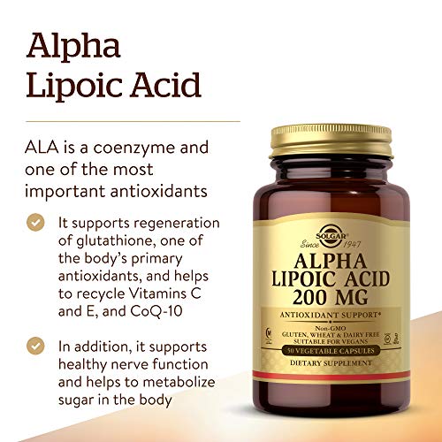 Solgar Alpha Lipoic Acid 200 mg, 50 Vegetable Capsules - Antioxidant Support - Helps to Recycle Glutathione, Vitamin C &amp; E, CoQ-10 - Non-GMO, Vegan, Gluten Free, Dairy Free, Kosher - 50 Servings