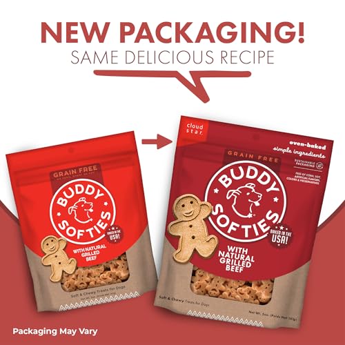Buddy Biscuits Softies 5 oz Pouch, Grain-Free Soft & Chewy, Natural Grilled Beef Flavor Dog Treats, Oven Baked in The USA