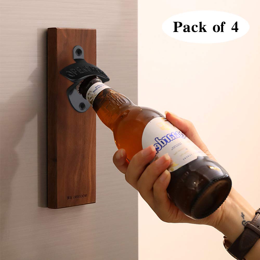 4 Pcs Bottle Opener Wall Mounted, Antique Metal Beer Bottle Top Openers Hardware With Mount Screws Set, Outdoor, Rustic, Cabinet, Vintage Bar (Black)