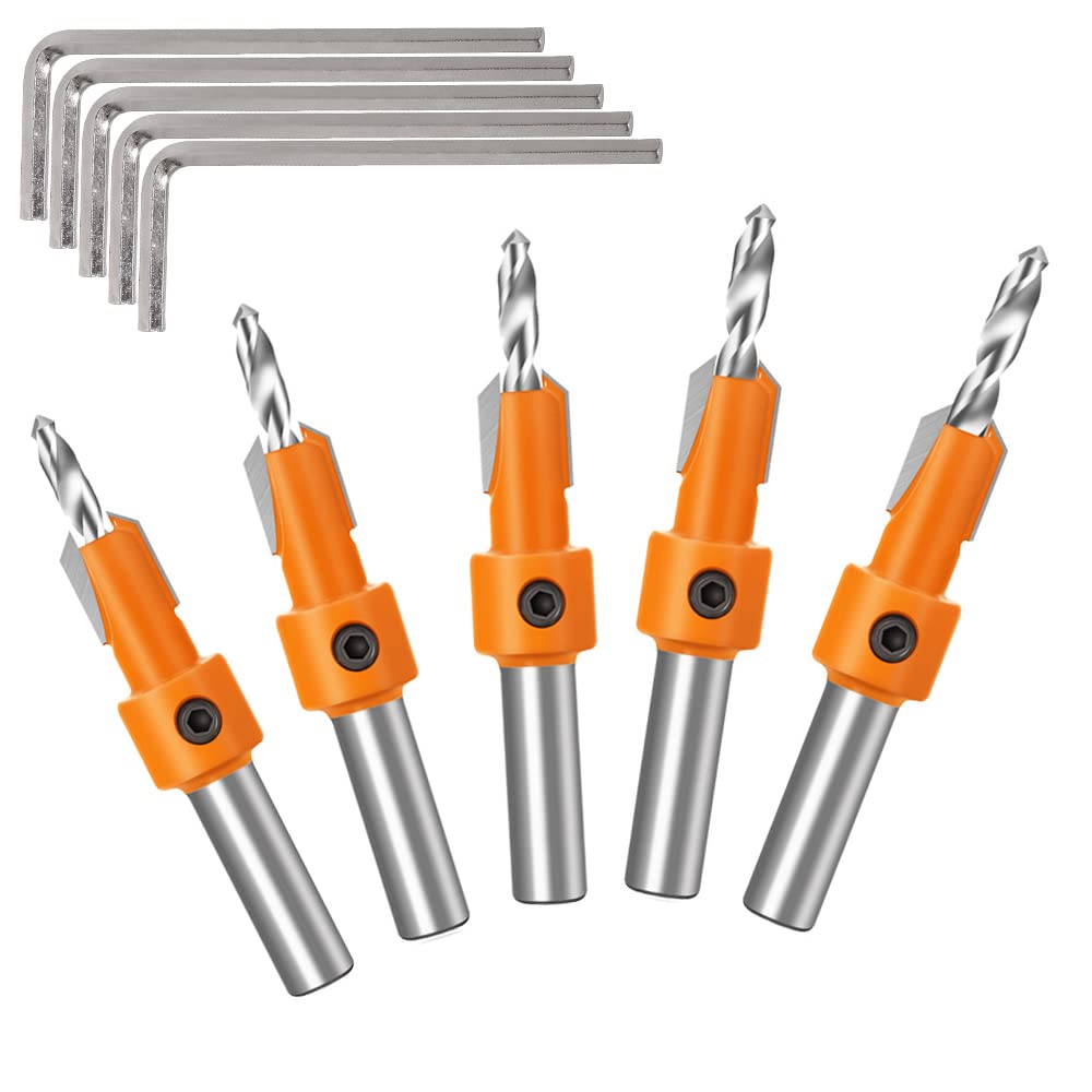 MUYE 5pcs 8mm Shank HSS Woodworking Countersink Router Drill Bits Adjustable Center Drill 90 Degree Chamfer Bit Counterbore Screw Drill bits for Wood Milling Cutter 2.8mm 3mm 3.2mm 3.5mm 4mm