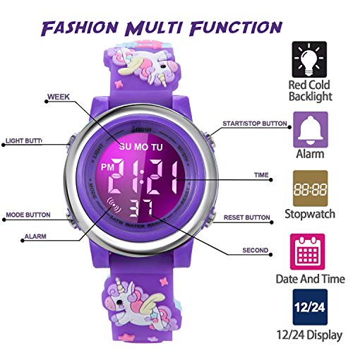 Girls Digital Watch Age 3-12 for Gifts, 3D Cartoon Waterproof Sports Outdoor LED Electrical Watches with Luminous Alarm Stopwatch Toddler Wristwatch for 3-12 Year Old Little Child Purple Unicorn