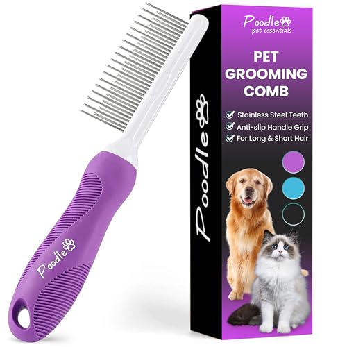 Poodle Pet Detangling Pet Comb with Long &amp; Short Stainless Steel Teeth for Removing Matted Fur, Knots &amp; Tangles – Detangler Tool Accessories for Safe &amp; Gentle DIY Dog &amp; Cat Grooming