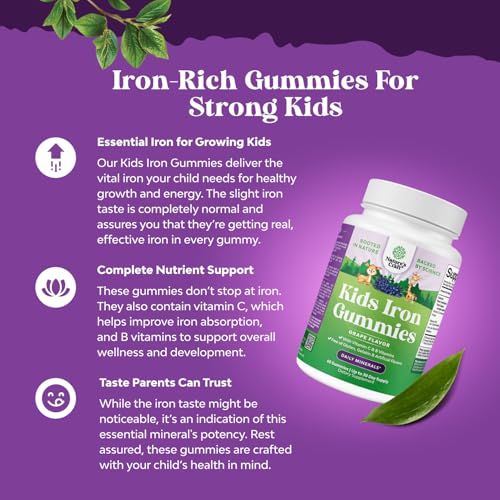 Kids Iron Gummies - Blood Builder Iron Supplements for Kids with Gentle for Stronger Immunity & Energy - Vitamin B12, Folate & Vitamin C Gummies - Vegan, GMO & Gluten Free for Toddlers - 60 Count
