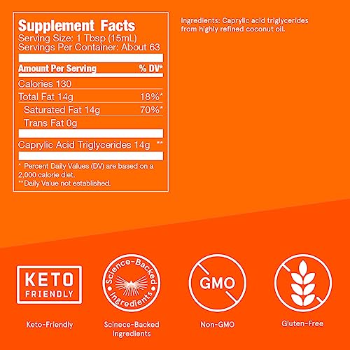Brain Octane C8 MCT Oil, 32 Ounces, Keto Supplement for Sustained Energy and Fewer Cravings