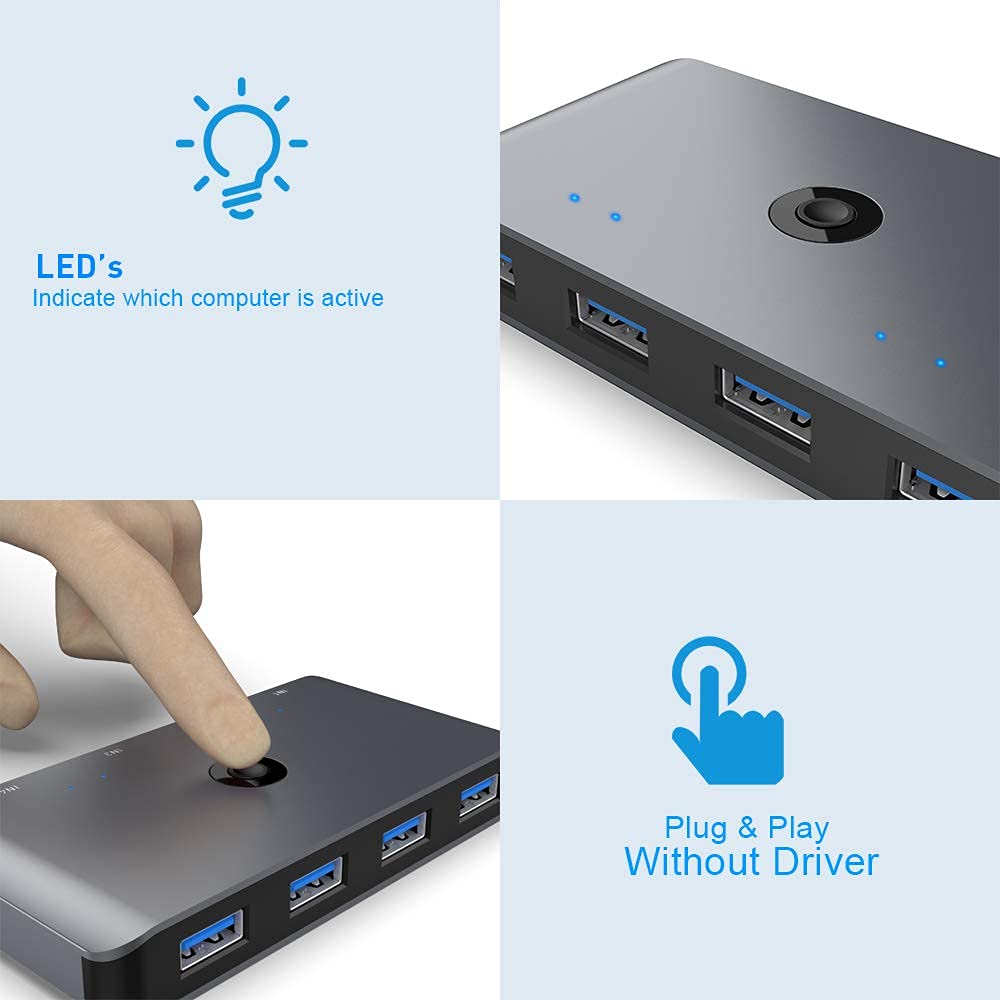 USB 3.0 Switcher Selector 4 Computers Sharing 4 USB Devices Aluminum KVM Switch Hub Adapter for Mouse Keyboard Scanner Printer PC, KVM Console Box with One Button Swapping and 4 Pack USB Cable