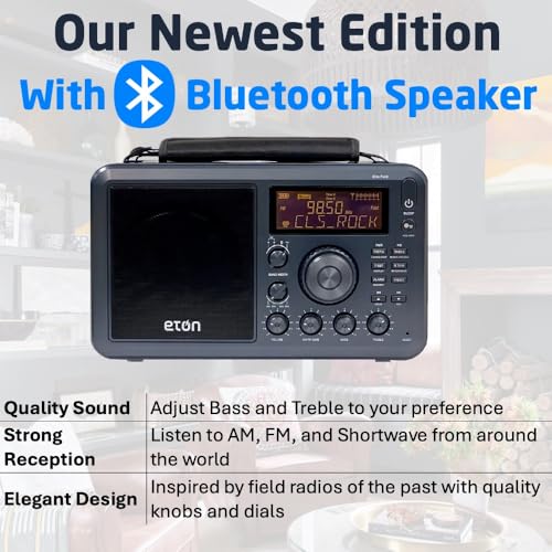 Elite Field Radio with AM/FM, Shortwave, RDS, Bluetooth, Digital Tuning, Treble/Bass Control, 50 Memory Stations, External Antenna, Rich LCD Display, Retro Tabletop Design