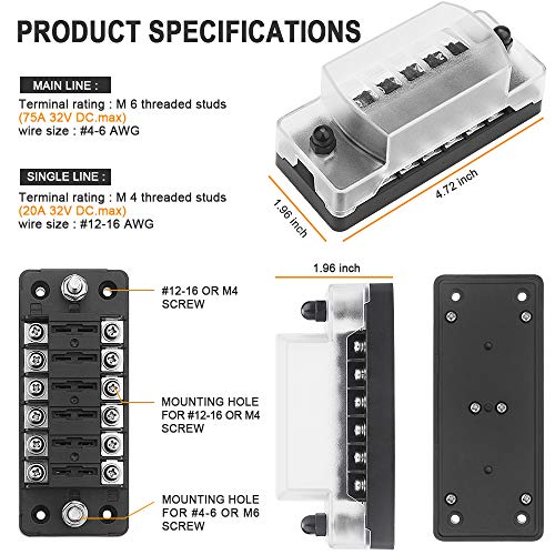 6 Way Fuse Block Blade Fuse Box with Negative Bus, 6 Circuit Fuse Holder Fuse Block w/Negative Bus, Waterproof Protection Cover Sticker Labels for 12V/24V Automotive Car Truck Boat Marine RV