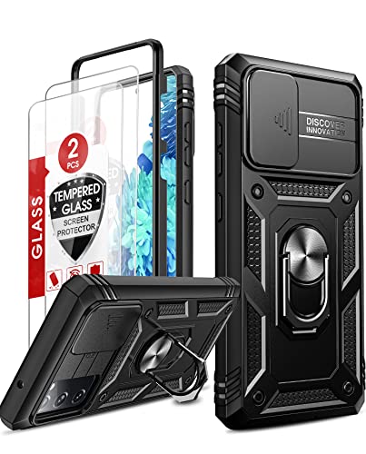 Compatible for Samsung Galaxy S20 FE 5G Case: Galaxy S20 FE Case with Slide Camera Cover + [2 Packs] Tempered Glass Screen Protector, Military-Grade Phone Case with Kickstand, Black [NOT FIT S20]