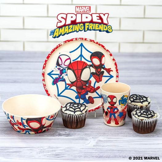 Marvel Spider-Man Dinnerware Set for Kids Includes 8 Plate, 6 Bowl, and 10oz Tumbler, Durable and Sustainable Melamine Bamboo Material (3-Piece Set, Spidey and His Amazing Friends)