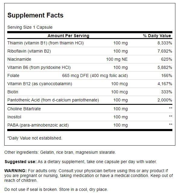 B-100 B-Complex Vitamins Energy Cardio Stress Metabolism Support 300 Capsules