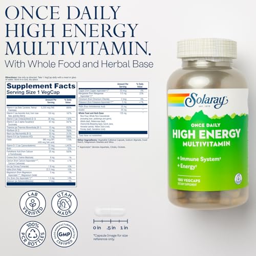Once Daily High Energy Multivitamin for Women and Men - Energy Supplements - Immune Support w/Vitamin C, A, D and E, Vitamin B Complex, Trace Minerals, 60-Day Guarantee, 180 Serv, 180 VegCaps