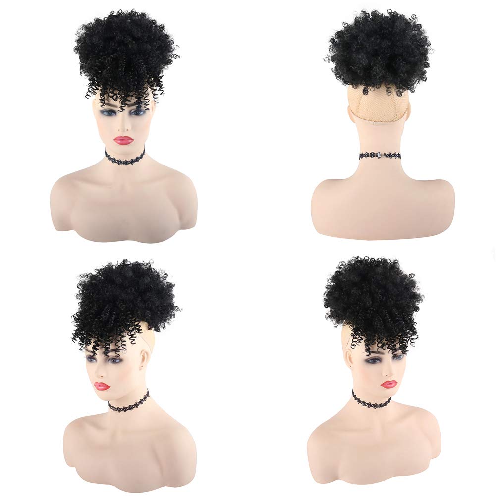 High Afro Puff Drawstring Ponytail Bun with Bangs for Black Women Short Afro Kinky Curly Ponytail Extension Clip in Hair Extensions Pineapple Synthetic Black Ponytail with Two Clips(1B#)