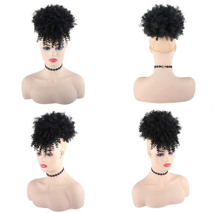 High Afro Puff Drawstring Ponytail Bun with Bangs for Black Women Short Afro Kinky Curly Ponytail Extension Clip in Hair Extensions Pineapple Synthetic Black Ponytail with Two Clips(1B#)
