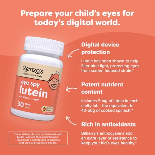 Renzo's Eye Spy Lutein with Bilberry Extract, Dissolvable Kids Vitamins for Eye Health, Sugar-Free Supplements, 30 Orange-Flavored Melty Tabs