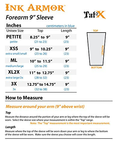 Ink Armor Premium Forearm 9 Tattoo Cover Up Sleeve - No Slip Gripper - U.S. Made - Light - XSS (one Sleeve)