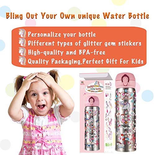 YOFUN Decorate Your Own Water Bottle with 11 Sheets of Unicorn Stickers &amp; Glitter Gems, Craft Kit &amp; Art Kit for Children, Gift for Girls Age 4 5 6 7 8 9 10 Years Old Kids, BPA Free Insulated (Silver)