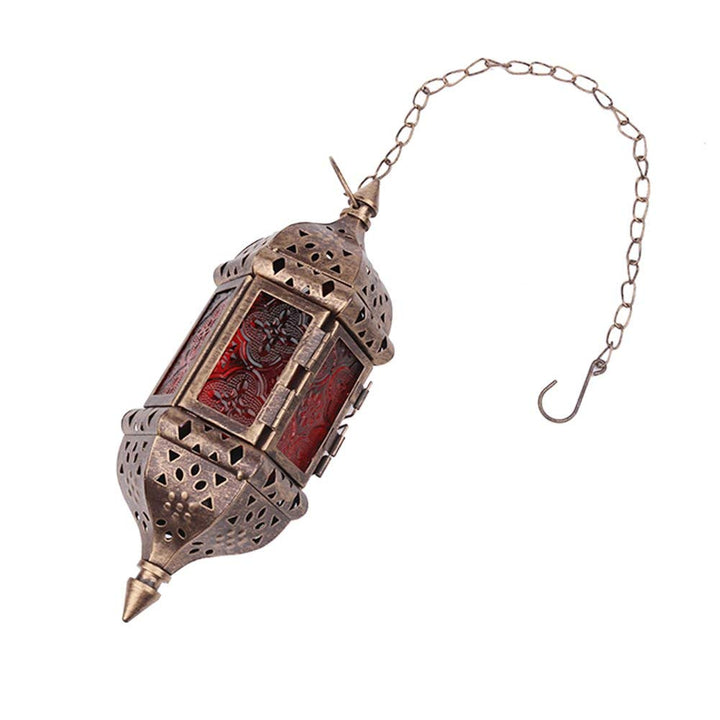 2 Pcs Hanging Hexagon Decorative Moroccan Candle Lantern Holders, Handmade Hanging Tea Light Holder in Bronze Metal &amp; Red &amp; Purple Glass Gift &amp; Decor Items