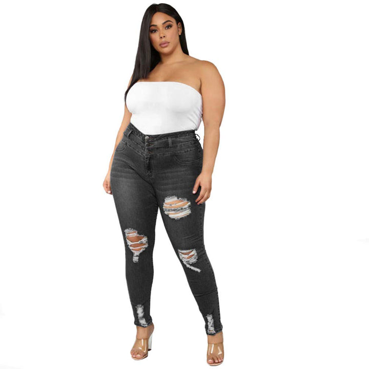 Women&#39;s Plus Size Ripped Skinny Jeans High Waist Stretch Slim Fit Distressed Denim Pants High-Rise Girlfriend Tight Jean Pants (Ripped Skinny Dark Blue, 2XL)