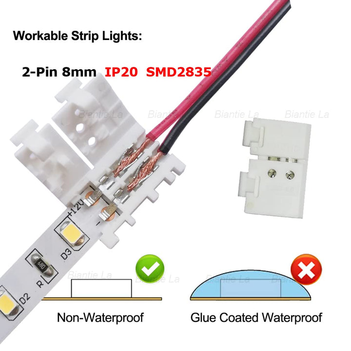 2-Pin 8mm LED Strip Connectors Solderless Unwired Clips - DIY Strip to Wire Quick Connection for 12v 24v Single Color SMD 3528 2835 Led Strip Lights (Pack of 10)