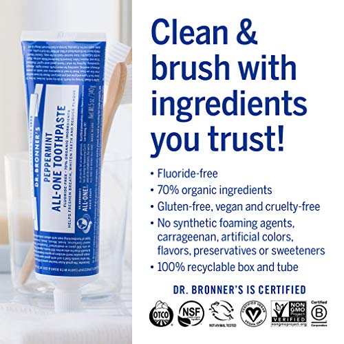 Dr. Bronner’s - All-One Toothpaste (Peppermint, 5 Ounce) - 70% Organic Ingredients, Natural and Effective, Fluoride-Free, SLS-Free, Helps Freshen Breath, Reduce Plaque, Whiten Teeth, Vegan