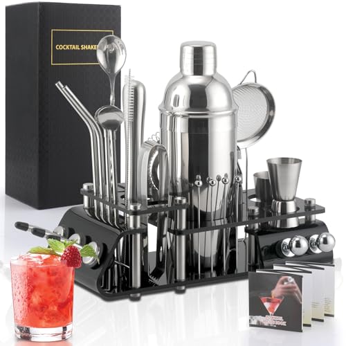 41-Piece Boston Bartender Kit,Cocktail Shaker Stainless Steel Bar Set,360 ° Rotating Display Stand,Strainer,Jigger,Mixing Spoon,Stainless Steel Gift Sets